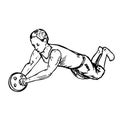 Man doing dumbbell push-ups, hand drawn doodle, drawing in gravure style